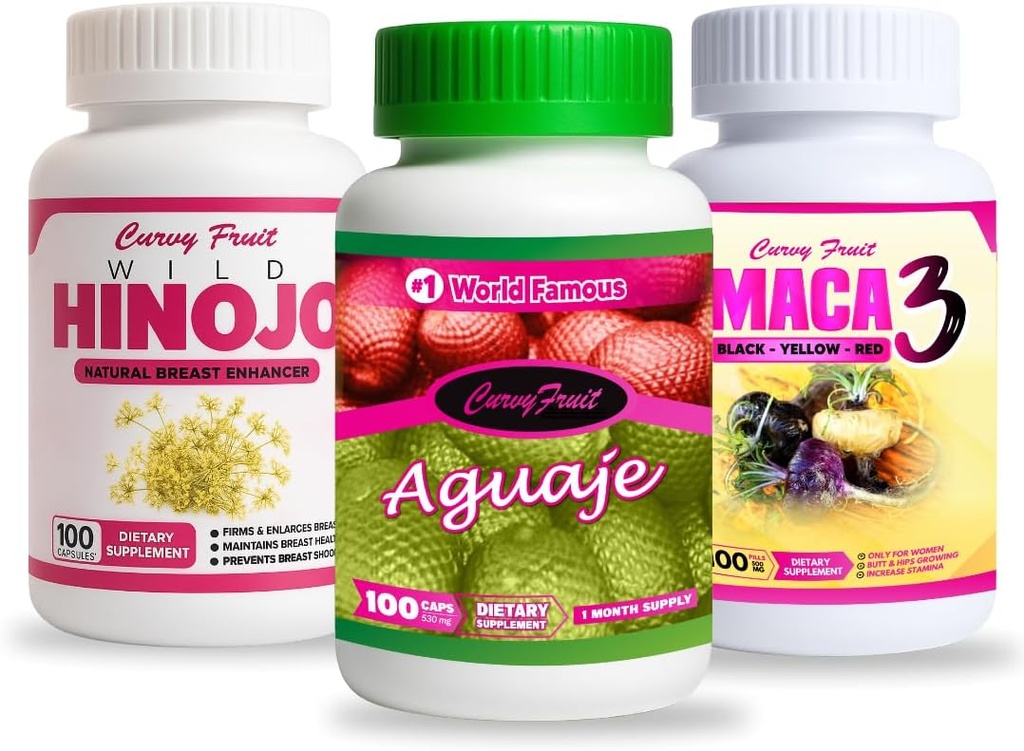 Bigger Booty, Bust & HIPS – Aguaje + Maca 3 + Wild Hinojo Pills –Natural Curve Shaping Supplement – 3 Bottles / 1 Month Supply