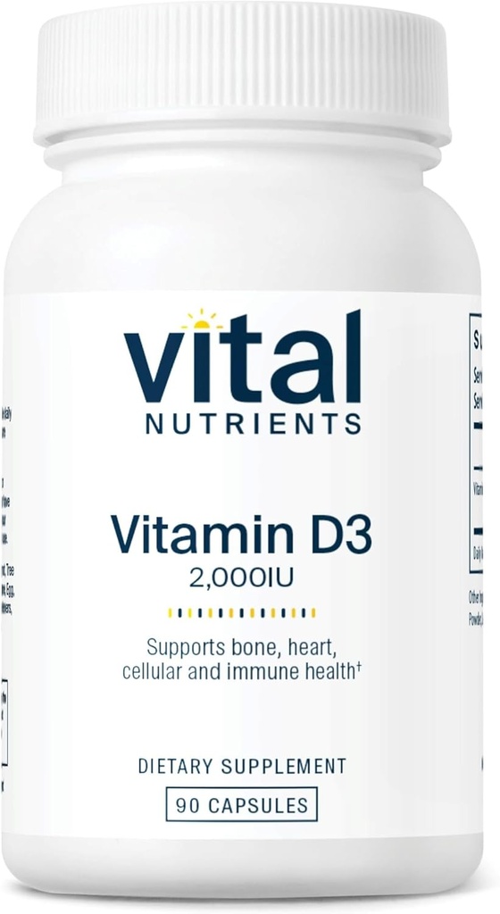 Vital Nutrients D 2000 IU | Vitamin D3 Tamam | Sağlıklı Kemikler, Dişler, Kaslar*| Hücreler & Immune Function |dis Abxia | Gluten, Dairy and Soy Free | 90 Capsules