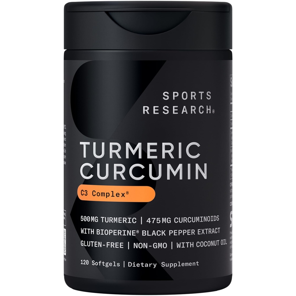 Sports Research Turmeric Curcumin C3 Complex - Softgels with Bioperine Black Pepper Extract & Organic Coconut Oil, Standardized 95% Curcuminoids - Μη ΓΤΟ Επαληθευμένο & Χωρίς Γλουτένη - 500mg, 120 Count