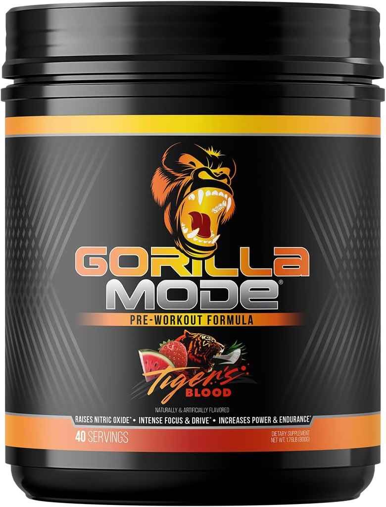 Gorilla Mind Pre Workout - Massive Pumps Laser Focus Energy Power - L-Citrulline, Kretine, L-Tyrosine, Betaine, Hydroprime, Alpha-GPC, 400 mg Caffeine, Huperzine A - 800g (Tigers Blood)