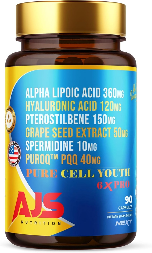AJS Pure Cell Youth 6X PRO, 90 Κάψουλες -PQQ 40mg, R-Lipoic Acid 360mg, Sodium Hyaluronate 120mg, Pterostilbene 150mg, Grape Seed Extract 50mg, Spermidine 10mg