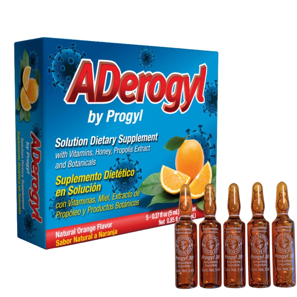 Aderogyl Oral Liquid Vitamins with A, C, D, E, Zinc, Bee Honey, Propolis, and Botanical Extracts - Natural Orange Flavor - 5 Immune Support Supplement Ampoules - Ampoules