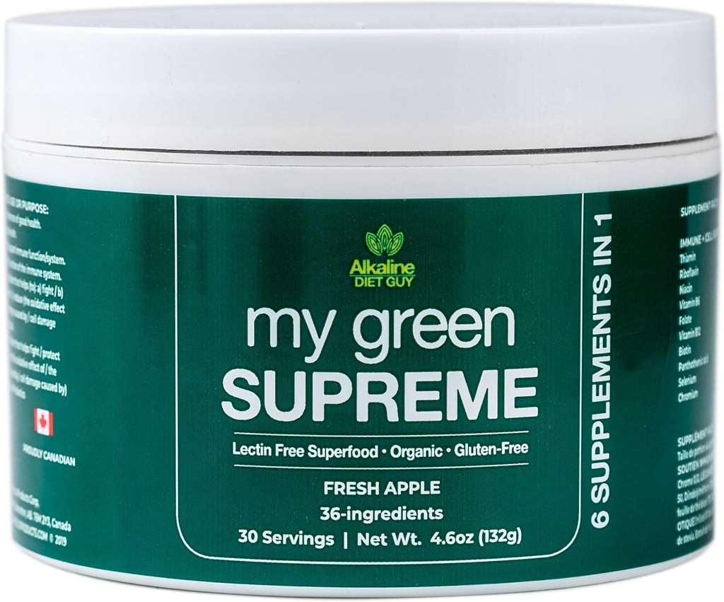 My Green Supreme Organic 6 in 1 Premium Superfood Supplement - Lectin Free and Gluten Free - 30 Hizmetler (4.6 oz) - Fresh Apple Flavour - Herhangi bir İçecekte Keyifli veya Eklenmiş