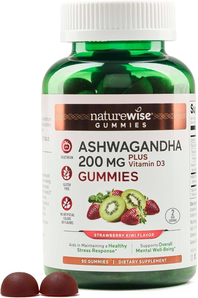NatureWise Ashwagandha Gummies - Strawberry Kiwi - KSM-66 Vitamin D3 - Calming Mood Support - Vegetarian - Non-GMO, Gelatin ve Gluten Free - 90 Count[45-Day Supply]