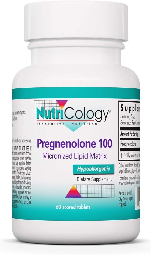 Nutricology Pregnenolone Supplement - Progesterone Supplements, Hormon & Stres Desteği, Non-GMO Wild Yam, Micronized Lipid Matrix, Plant-Sourced, 100 mg Scored Tabletler - 60 Kont