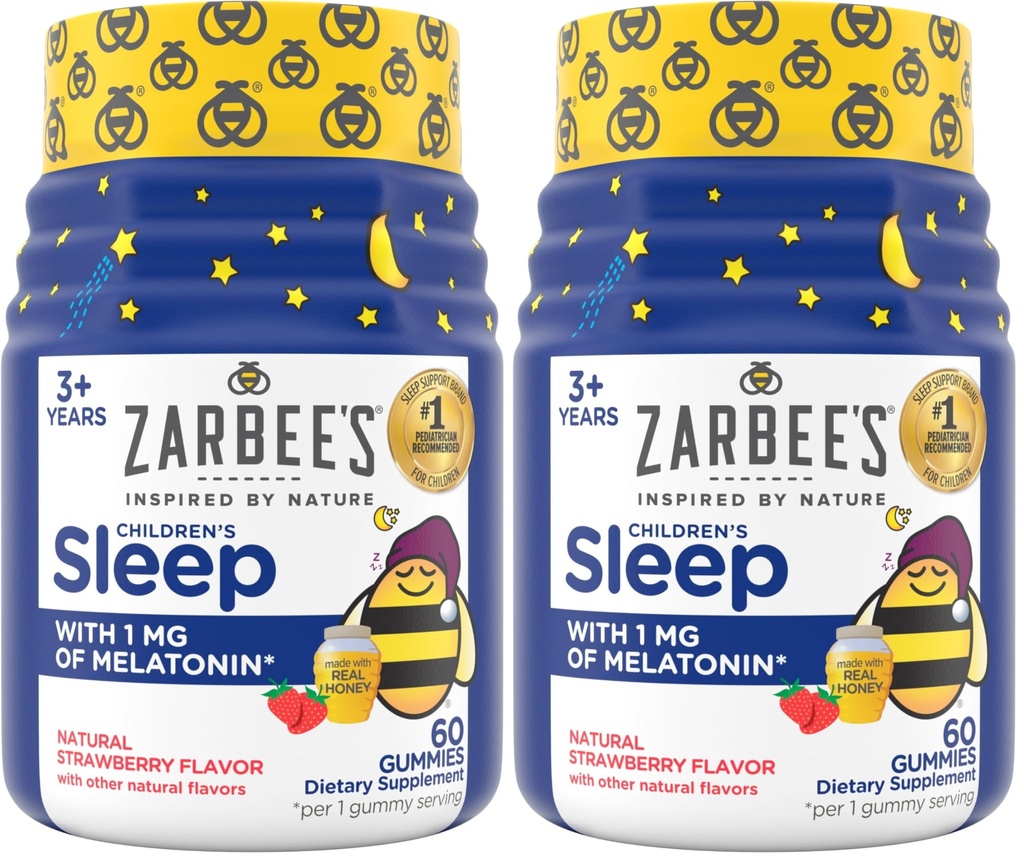 Zarbee's Children's Sleep Gummies with Melatonin, Non-Habit Cover Children's Sleep Gummies Work with Natural Sleep Cycles to Discover Peaceful Sleep, Drug-Free, Natural Strawberry, 60 ct (Pack of 2)