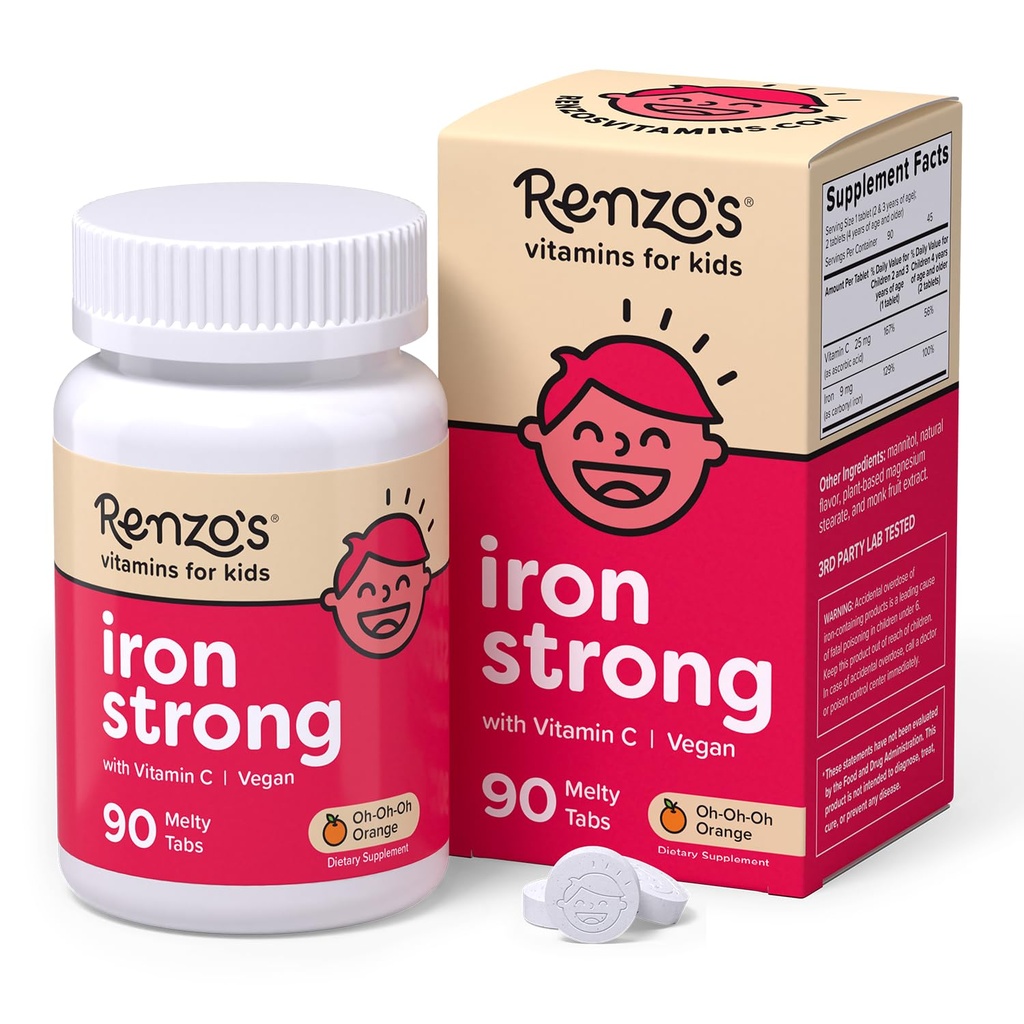 Renzo's Iron Supplements for Kids, Dissolvable Vegan Kids Iron Supplement with Vitamin C, Sugar-Free Melty Tabs, Orange Flavor, 90-Count