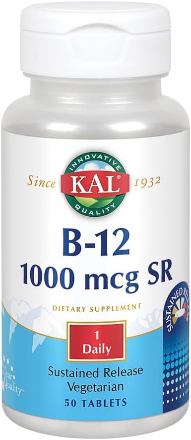KAL B-12 1000 mcg Sustained Release | Healthy Metabolism, Energy, Nerve & Red Blood Cell Support | Vegetarian | Lab Verified | 50 Tablets