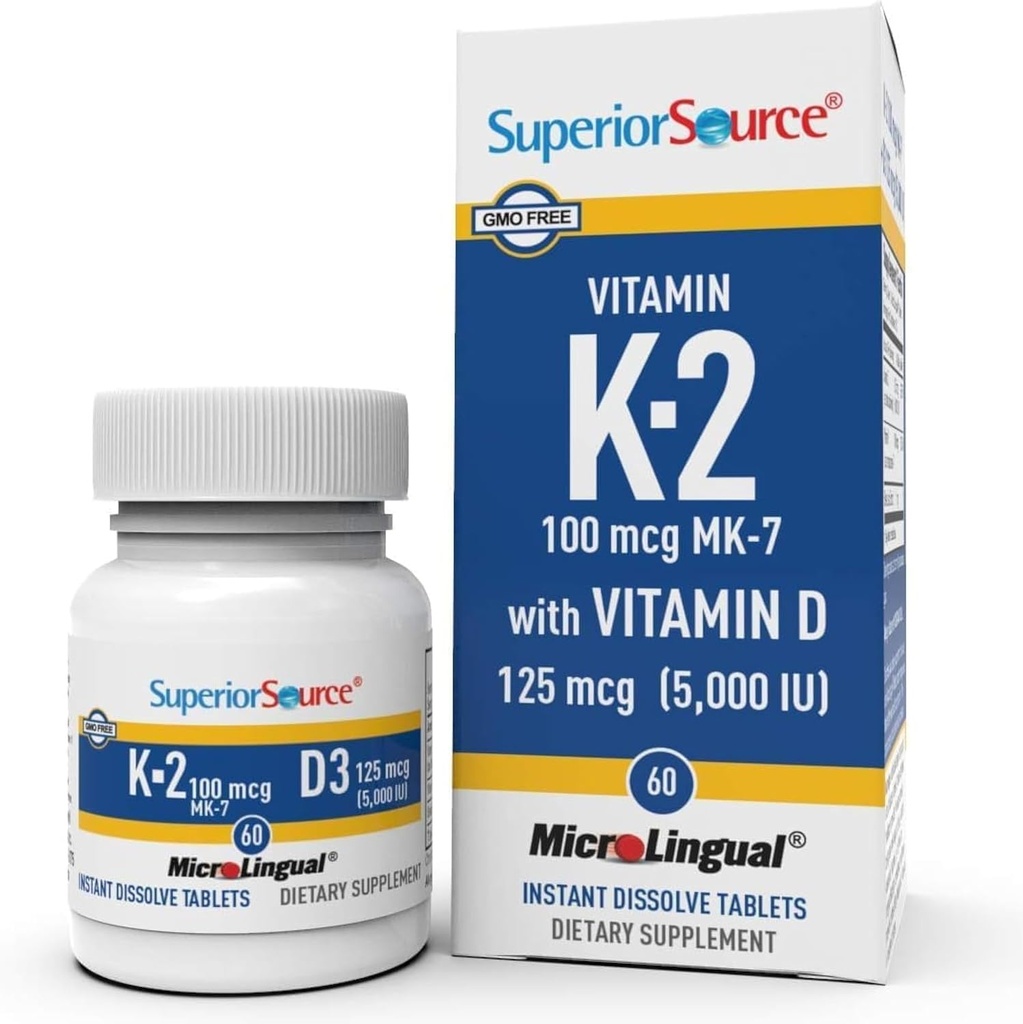 Superior Source K2 (MK-7) 100 mcg, με συμπλήρωμα D3 (5.000 IU), Quick Dissolve MicroLingual Tablets, 60 Count, Ενισχύστε τα οστά, Καρδιαγγειακό & ανοσοποιητικό σύστημα Υποστήριξη, Μη ΓΤΟ
