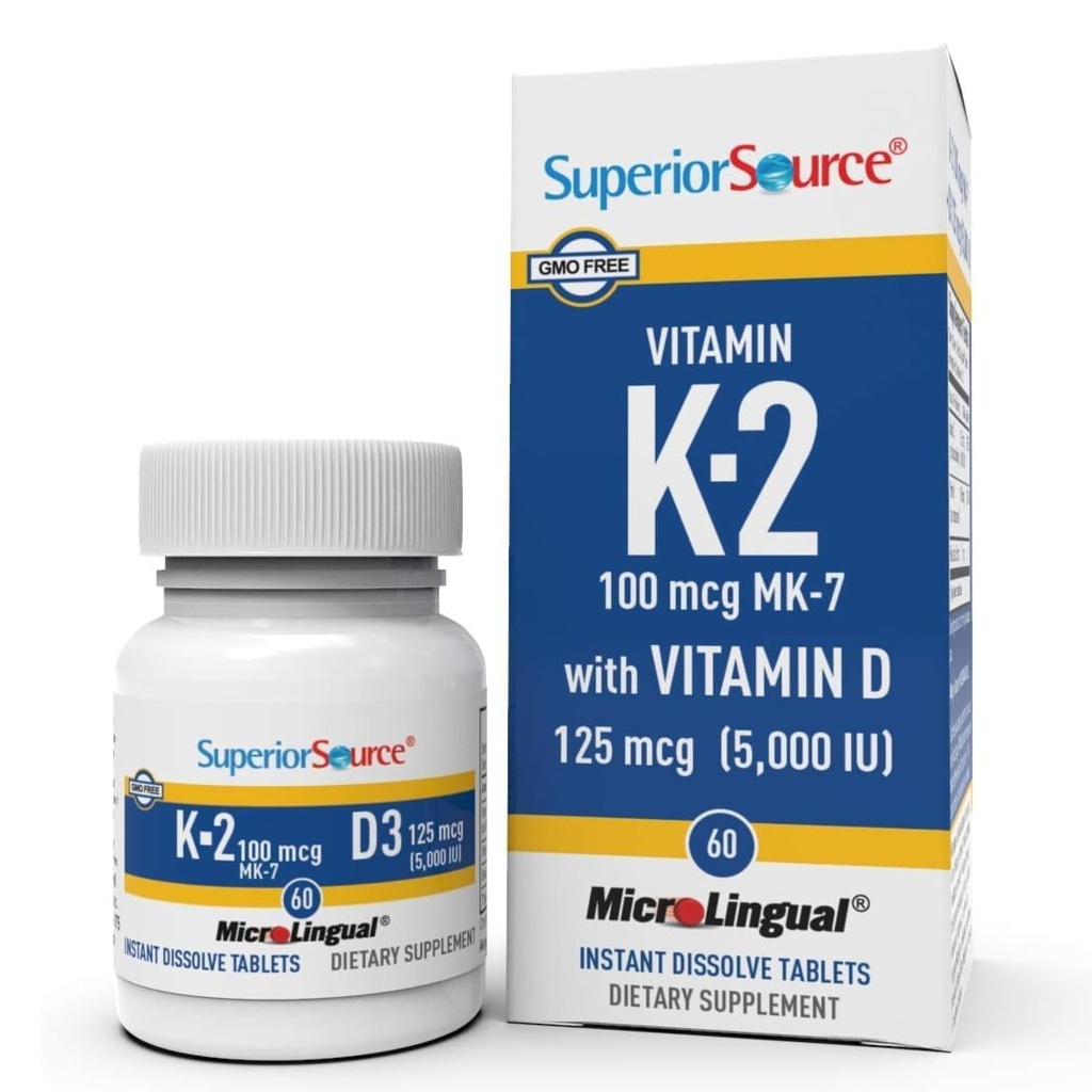Superior Source K2 (MK-7) 100 mcg, με συμπλήρωμα D3 (5.000 IU), Quick Dissolve MicroLingual Tablets, 60 Count, Ενισχύστε τα οστά, Καρδιαγγειακό & ανοσοποιητικό σύστημα Υποστήριξη, Μη ΓΤΟ