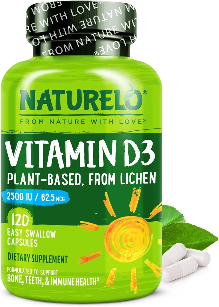 NATLO Vitamin D - 2500 IU - Plant Based from Lichen - Natural D3 Supplement for Immune System, Bone Support, Joint Health - Vegan - Non-GMO - Gluten Free - 120 Capsules