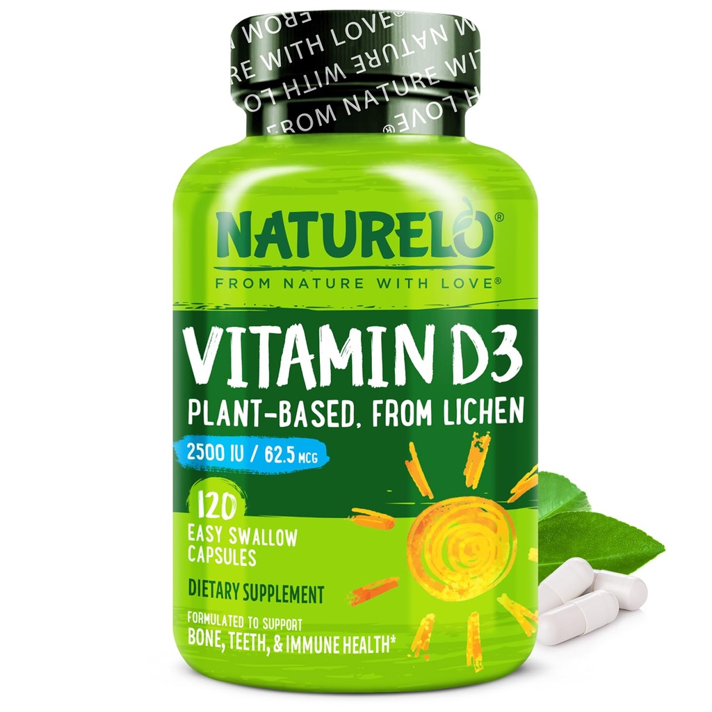 NATLO Vitamin D - 2500 IU - Plant Based from Lichen - Natural D3 Supplement for Immune System, Bone Support, Joint Health - Vegan - Non-GMO - Gluten Free - 120 Capsules