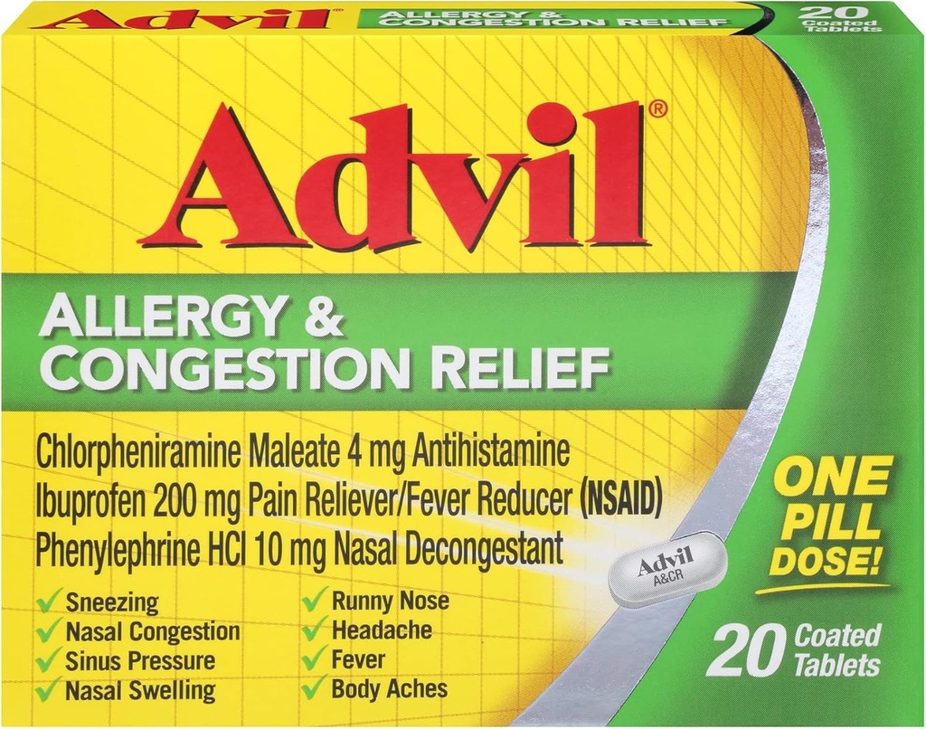 Advil Antioksitler ve Yoğunluk Yardım Tabletleri, Ağrı Reliever, Ibuprofen, Phenylephrine HCl ve Chlorpheniramine 4 mg - 20 Kaplamalı Tabletler