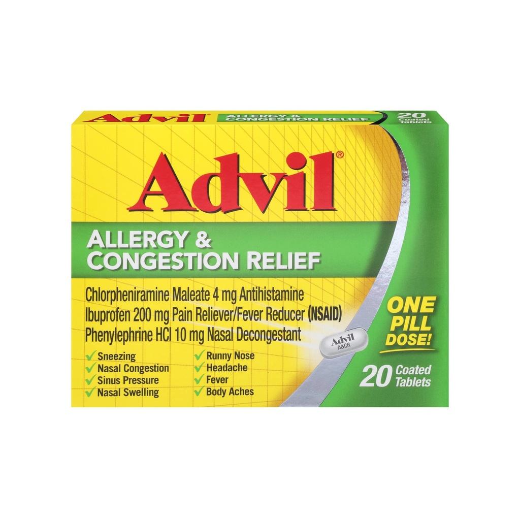 Advil Antioksitler ve Yoğunluk Yardım Tabletleri, Ağrı Reliever, Ibuprofen, Phenylephrine HCl ve Chlorpheniramine 4 mg - 20 Kaplamalı Tabletler