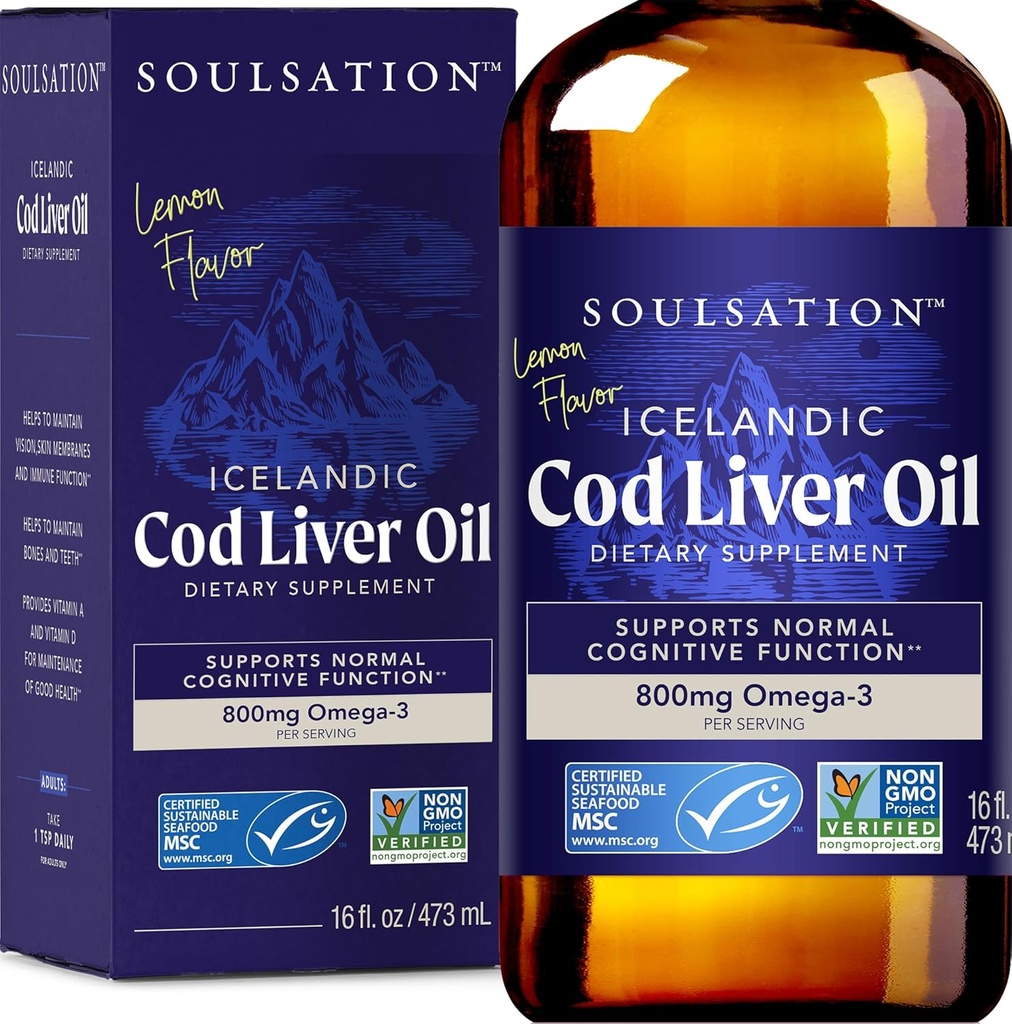 Ισλανδικό Liquid Cod Liver Oil, Lemon (16oz) - Βιταμίνες A & D, EPA & DHA - Helps Vision, Skin Membranes & Immune Function - MSC Certified, Non-GMO