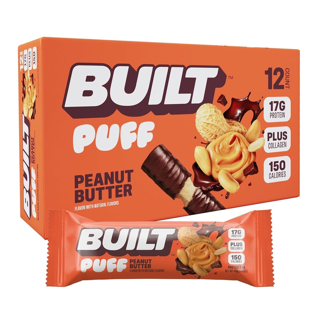 Χτισμένο Bar, Puff Protein Bars, φυστικοβούτυρο Puff, 17g Πρωτεΐνη Snacks, On-The-Go Bars, Μόνο 150 θερμίδες, 6g ζάχαρη, κολλαγόνο, χωρίς γλουτένη, 12 κόμης