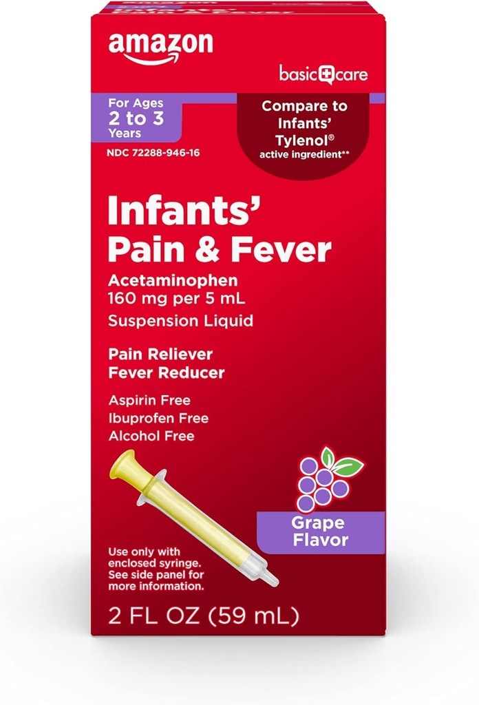   Basic Care Infants' Pain and Fever Oral Suspension, Acetaminophen 160 mg per 5 mL, Fast, Effective Pain Reliever and Fever Reducer for Children, Grape Flavor, 2 fl oz (Pack of 1)