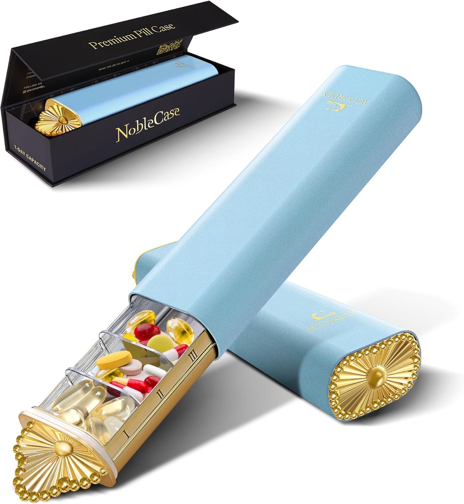 Premium Weekly Pill Organizer, 7-Day Compact Pill Case για την τσάντα, ελαφρύ χρυσό κουτί χαπιών αλουμινίου για βιταμίνες, ιατρική, συμπληρώματα, δώρο πολυτελείας