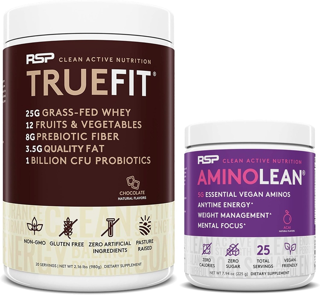 RSP NUTRITION Vegan PlatinumLean Pre Workout Energy (Acai 25 hizmet) TrueFit Protein Toz (Chocolate 2 LB) ile