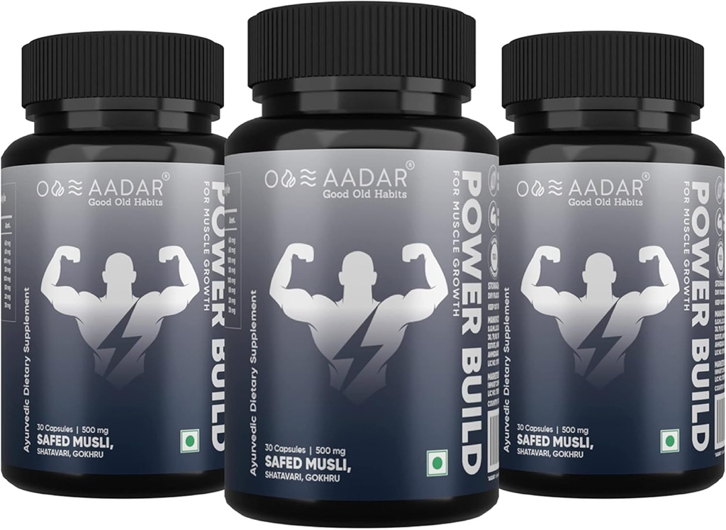 AADAR Power Build | Ayurvedic Real Muscle Mass Winer | Performans ve Boost Metabolism | (Safed Musli, Gokhru, Shatavari) 30 Capsules (Pack 3)