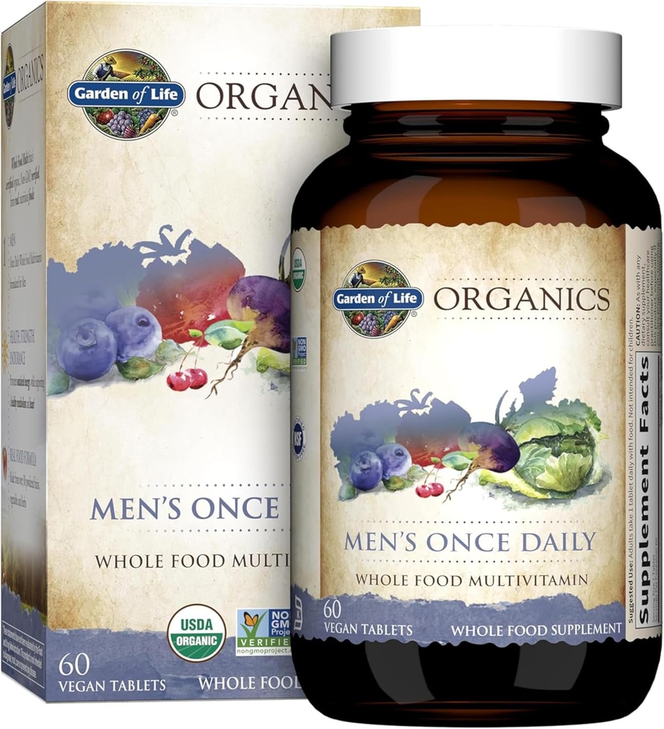 Life Garden Once Daily Whole Food Multivitamin for Men, Organic Mens Vitamins & Minerals, C, çinko, Vegan, for Health & Well-Being, 60 Tabletler