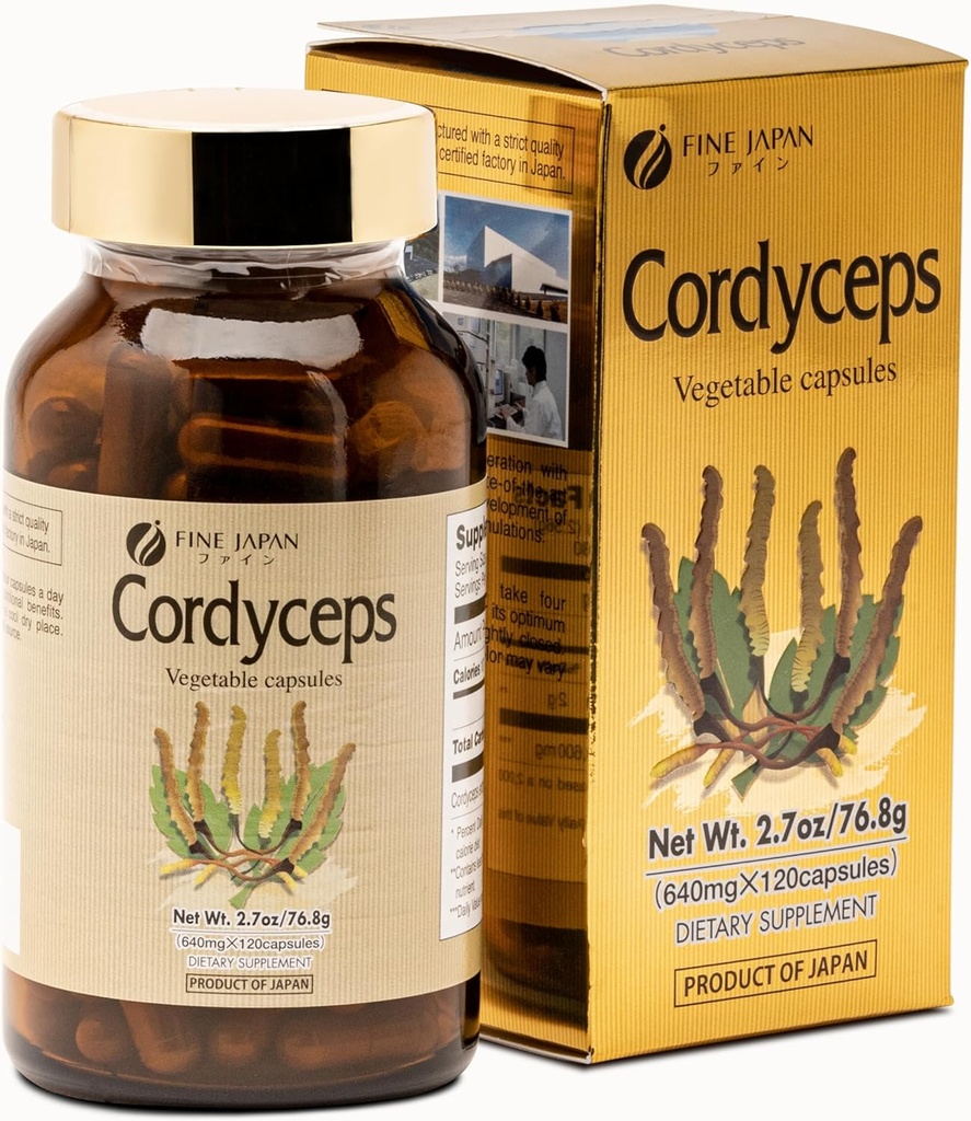 FINE JAPAN Cordyceps Mushroom Capsules - Premium Cordyceps Militaris ve Sinensis Optimal Sağlık Faydaları için Taklit, Easy-to-Sw Capsules