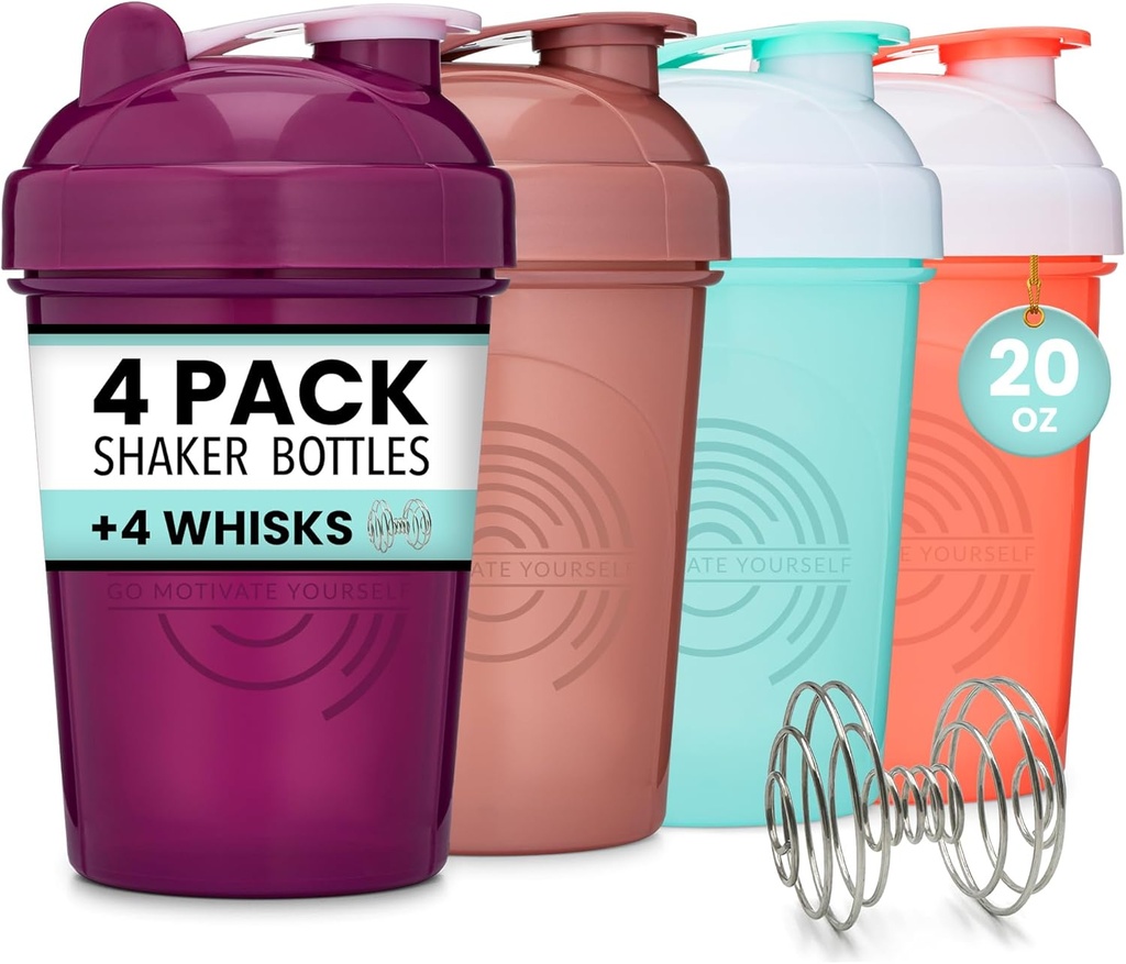 GOMOYO 4-Pack - 20 Ounce Shaker Şişe, Protein Shaker Wiresk x4, Bulk Protein İçilir ve Pre-Workout Shaker Cups, Dishwasher Güvenli & Domuz Ücretsiz