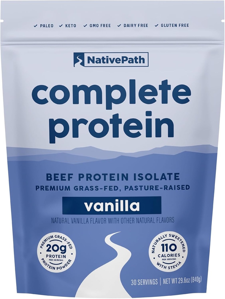 NativePath Complete Beef Protein Powder Isolate – Grass-Fed, Pasture-Raised, Γαλακτοκομικά & Λακτόζη Χωρίς γλουτένη, Zero Sugar, MCTs & Amino Acids – 20g Protein, Vanilla Flavor, 30 Servings
