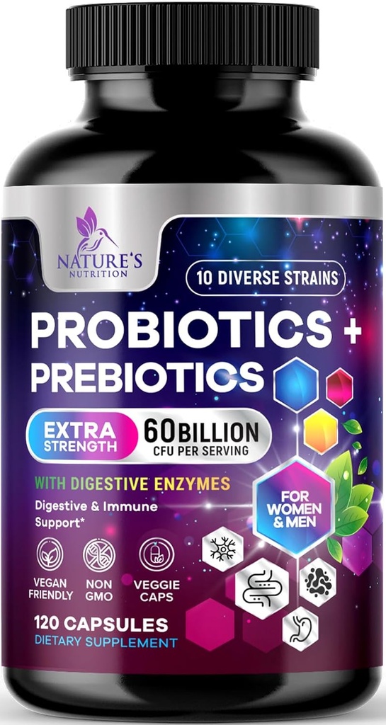 Probiyotiks 60 Milyar CFU - 10 Probiyotik Strains & Prebiyotiks - Digestive Gut Health, Immune Support & Occasional Constipation, Gas & Bloating - Daily Supplement For Women & Men - 120 Vegan Capsules