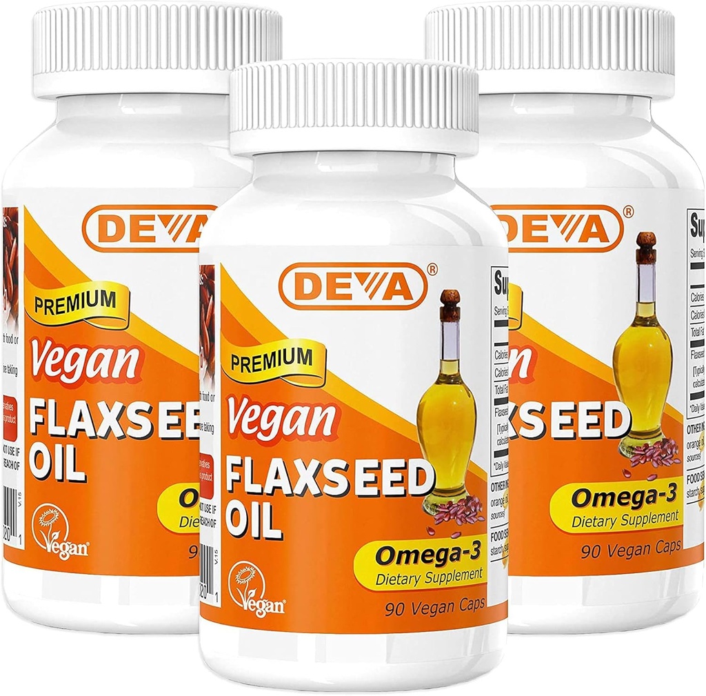 DEVA Organik Vegan Vitaminleri Flax Tohum Yağı - Omega-3'te Zengin - Soğuk Yayınlanmış ve Unrefined - 90 Capsules (Pack of 3)