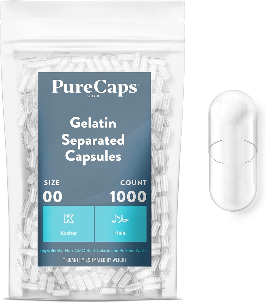PureCaps USA - Boş Gelatin Capsules Boyutu 00 / 1000 Ayrılı Pills |Clear / Non-GMO sertifikalı | SLS, Gluten, Preservative Free Free