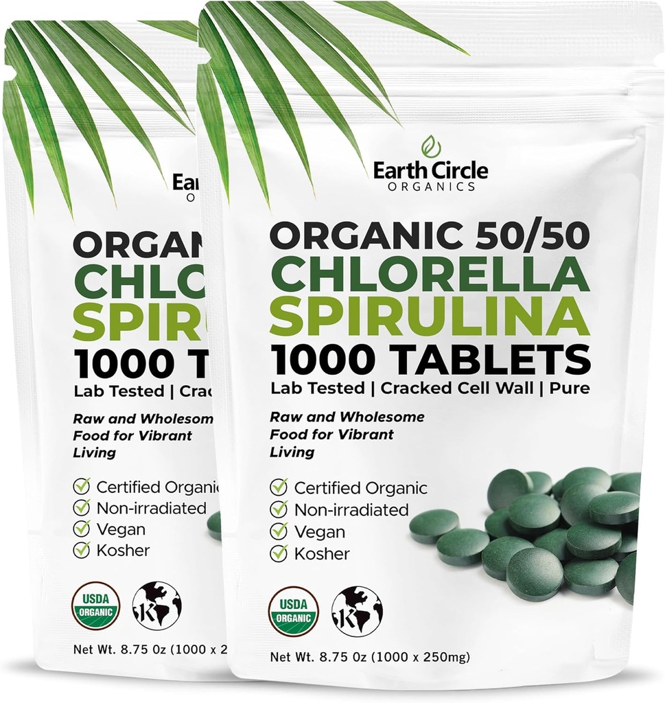 Premium Organic CHLORELLA/SPIRULINA 1000 Tablets (50/50) Kosher, Vegan - Green Algae Superfood, Cracked Cell Wall, Chlorophyl, High in Protein & Iron, no institutions, or fillers 8.75 Oz (2 Pack)
