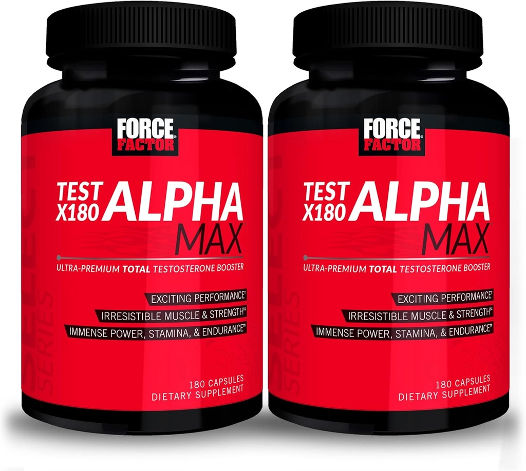 FORCE FACTOR Test X180 Alpha Max, 2-Pack, Total Testosterone και Nitric Oxide Booster για άνδρες με Σπόρους και Tribulus Fenugreek να αυξήσει τη ροή του αίματος και να βελτιώσει την ανδρική αθλητική απόδοση, 360 κάψουλες
