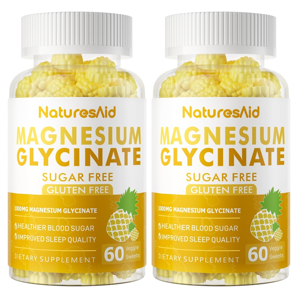 Magnesium Glycinate Gummies 1000mg - Sugar Free Magnesium Potassium Supplement with Vitamin D, B6, CoQ10 for Calm Mood & Sleep Support - 120 Pineapple Gummies -2 Pack