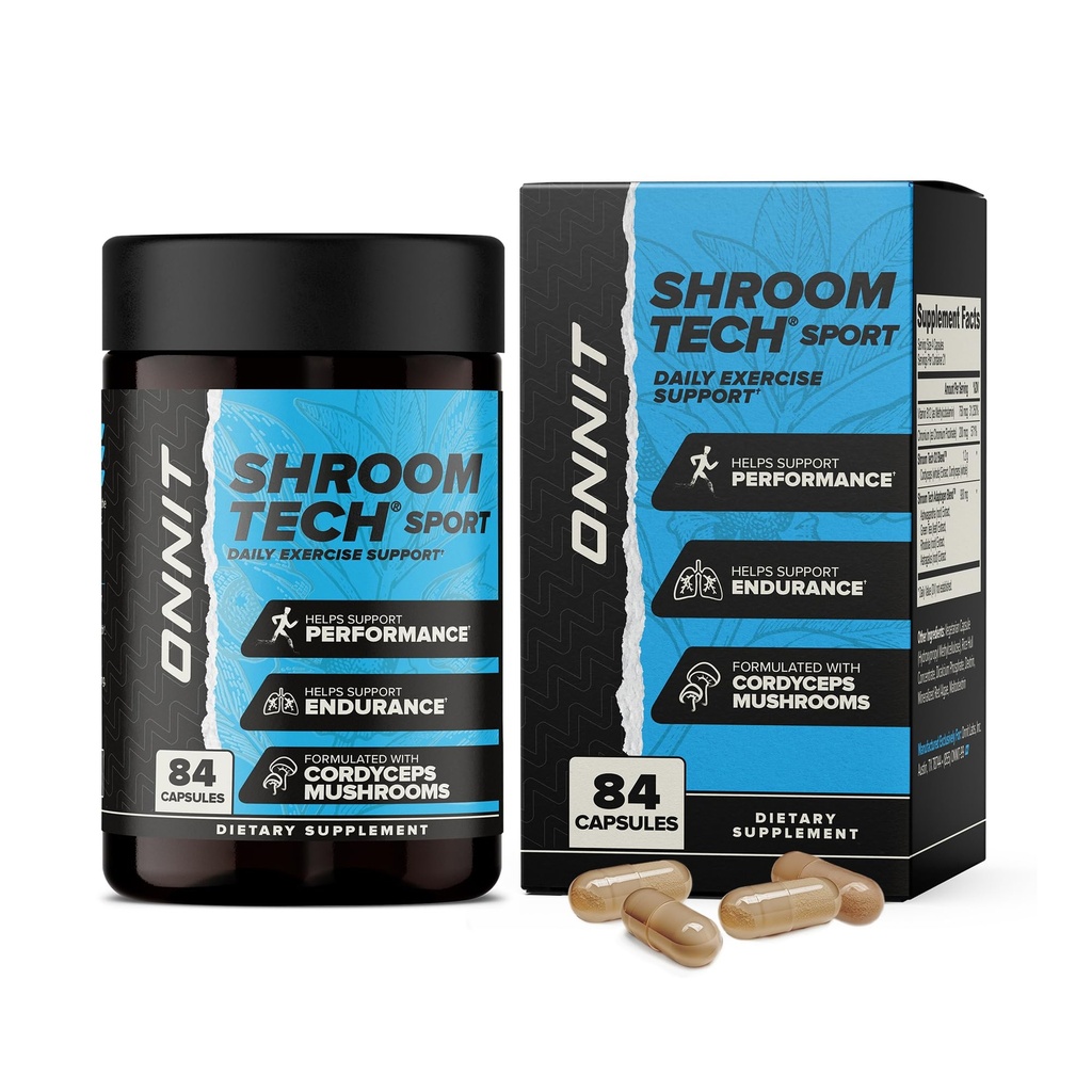 ONNIT Shroom Tech Sport Καθημερινές κάψουλες υποστήριξης ασκήσεων, συμπλήρωμα προ προπόνησης με μανιτάρια Cordyceps, συμπλήρωμα διατροφής χωρίς καφεΐνη για την καθημερινή ενεργειακή υποστήριξη, 84 Count
