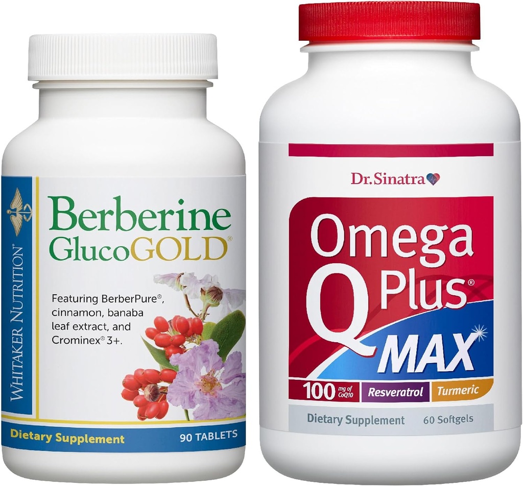 Dr. Whitaker's Berberine GlucoGold with 1,500 mg BerberPure Berberine, Cinnamon, Crominex PLUS Dr. Sinatra'nın Omega Q Plus MAX Advanced Heart Health Support with 100mg CoQ10, Turmeric, and more | BUNDLE
