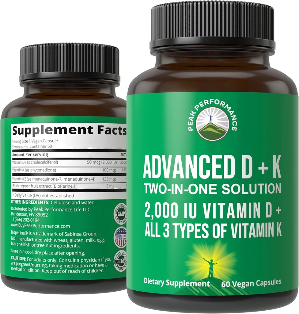 Peak Performance Advanced Vitamin D 2000 IU ile 3 Vitamin K Vitamin D3 ve Vitamin K2, K1, MK-7 (MK7), MK4 Supplements. 60 Küçük ve Swallow Sebze Pilleri (2000 IU)
