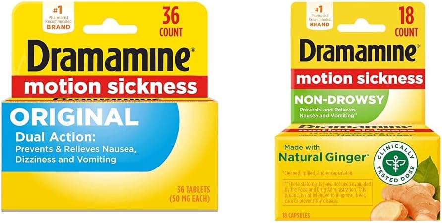 Dramamine Original, Hareket Hastalığı Yardımı, 36 Kont & Non-Drowsy, Motion Hastaness Relief, Made with Natural Ginger, 18 Count