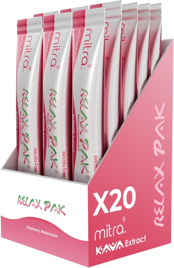Mitra9 Kava Toz RelaxPak - Strawberry Watermelon Kava Ekstra Toz Paketleri | Mood Advancedr | Plantive | Doğal Calm & Clarity | Easy Open Single-Serving Stick (20)