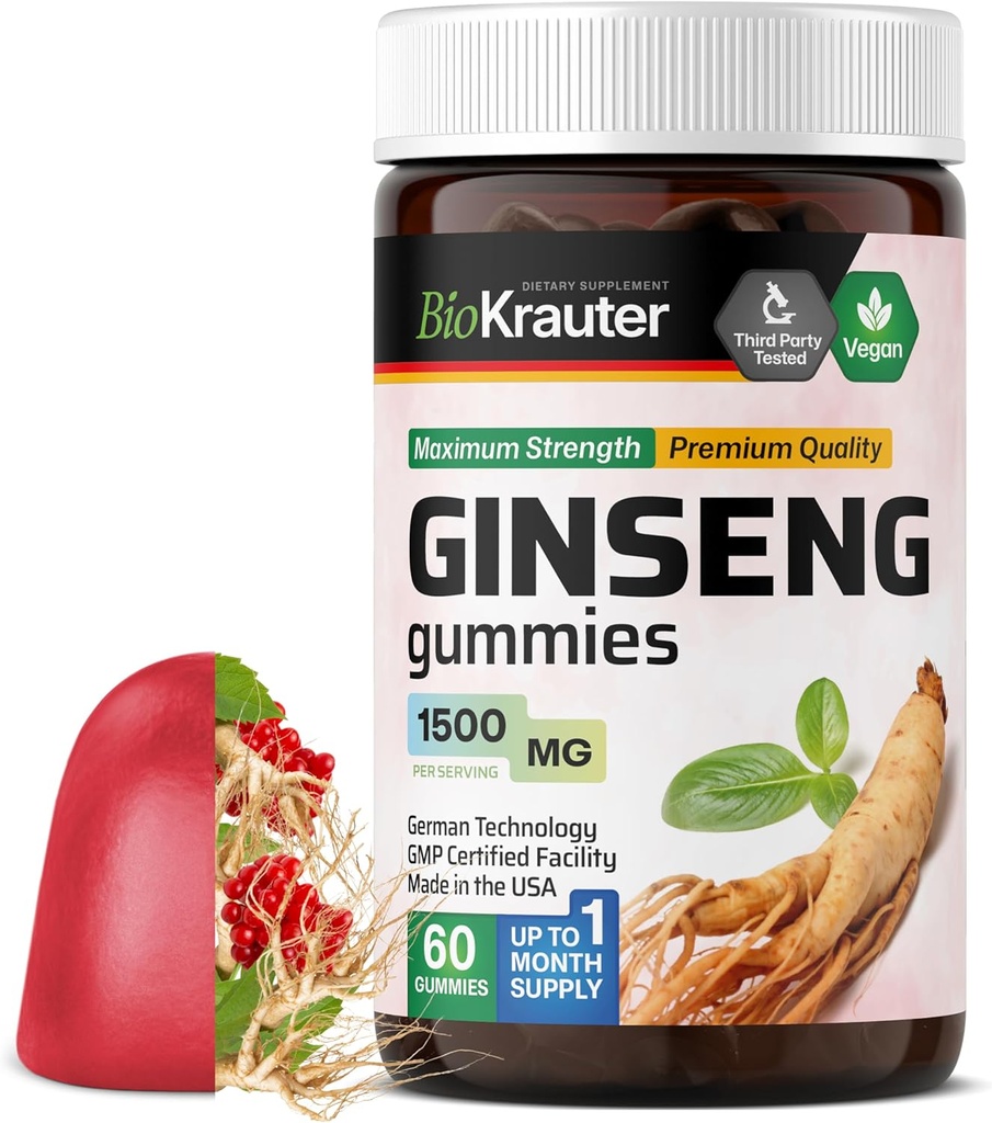 BIO KRAUTER Panax BTC Gummies - 1500 mg Güçlü - 60 Kont - Chewable Red BTC Supplement - Immune Support Gummies - Vegan, Pectin-Based, Non-GMO
