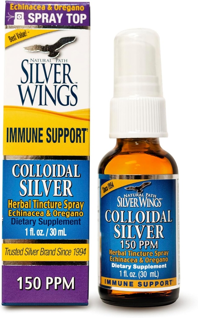 Doğal Yol Gümüş Kanatları Colloidal Silver 150ppm (750mcg) w/Echinacea & Oregano Immune Support Supplement - 1 fl. oz Spray