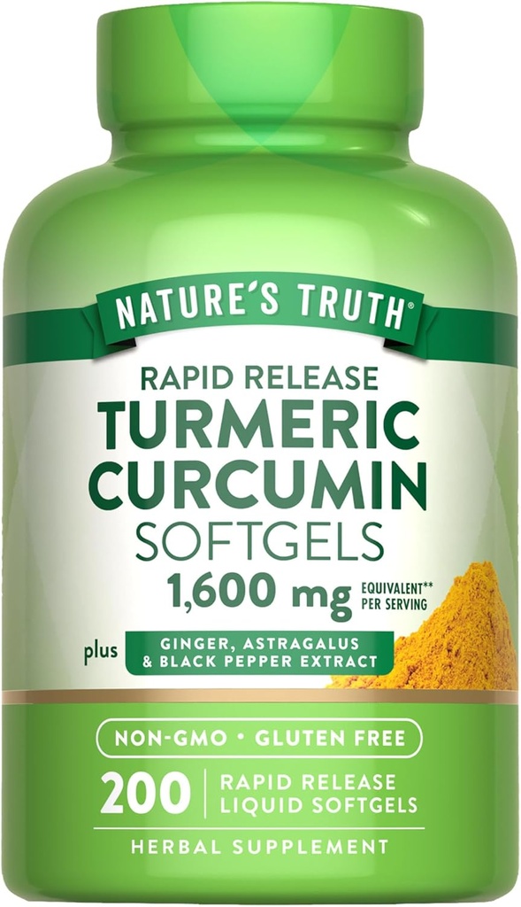 Doğanın Gerçek Turmeric Curcumin Kompleksi | Black Pepper Extract, Ginger & Astragalus | 200 Hızlı Yayın Softgels | Non-GMO ve Gluten Free