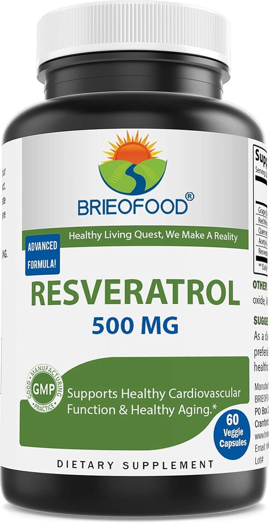 Brieofood Resveratrol 500mg - Φυσικό συμπλήρωμα αντιοξειδωτικών για την καρδιαγγειακή & ανοσοποιητικό σύστημα Υγεία - 60 κάψουλες Veggie