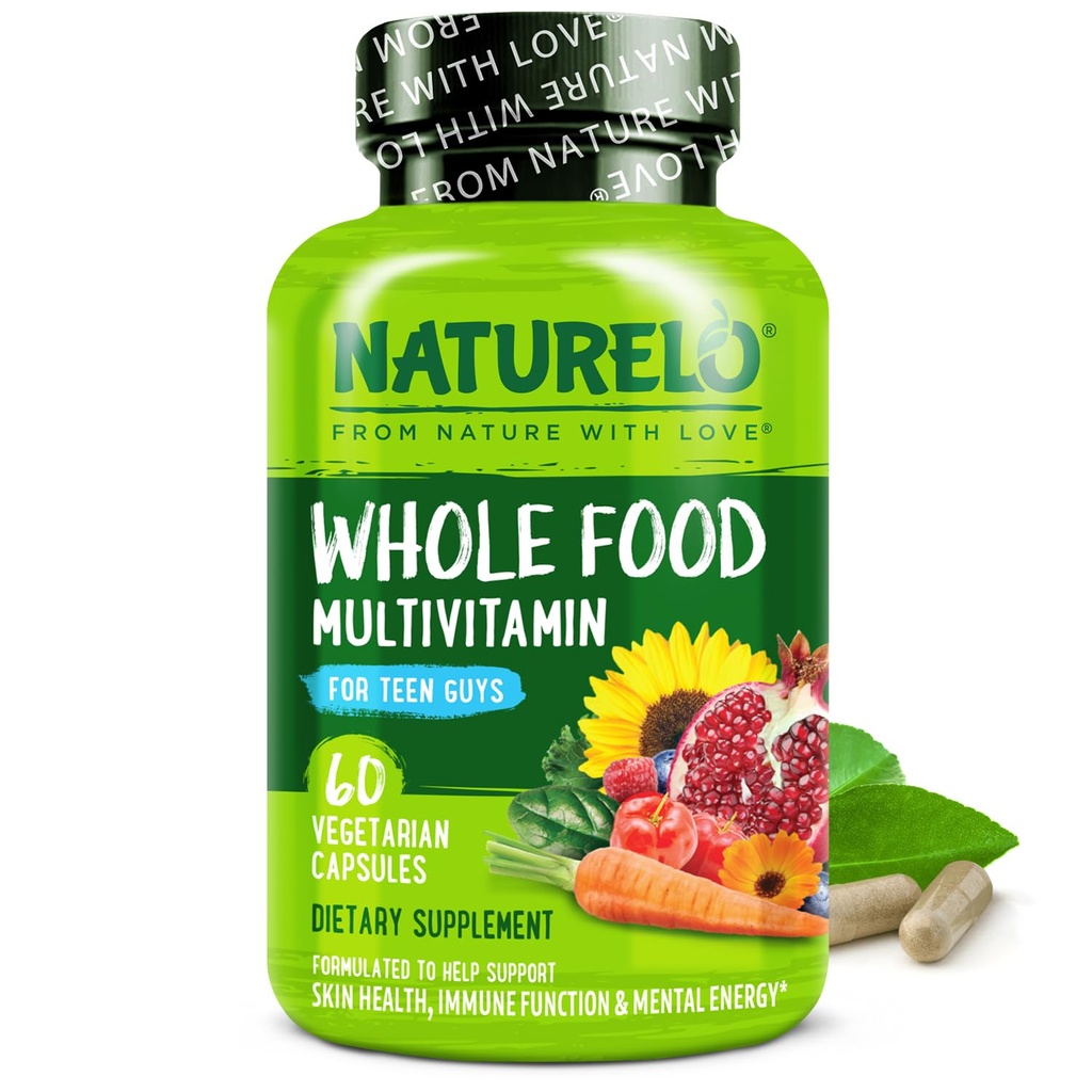 NATLO Teen Multivitamin - Tüm Gıda Genç Erkekler için Çokvitamin - Aktif Çocuklar için Mineraller Tamam - Bitki Ekstraksiyonları - Non-GMO - Vegan & Vegetarian - 60 Capsules