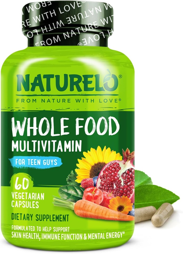 NATURELO Teen Multivitamin - Ολόκληρα τρόφιμα πολυβιταμίνη για τα αγόρια εφήβων - Ορυκτά συμπλήρωμα για τα ενεργά παιδιά - με εκχυλίσματα φυτών - μη ΓΤΟ - Vegan & χορτοφάγους - 60 κάψουλες