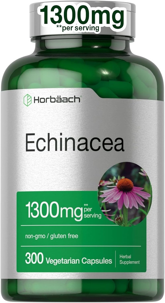 Horbäach Echinacea Extract Capsules 1300 mg | 300 Kont | Vegan, Non-GMO, Gluten Free Supplement Supplement Supplement