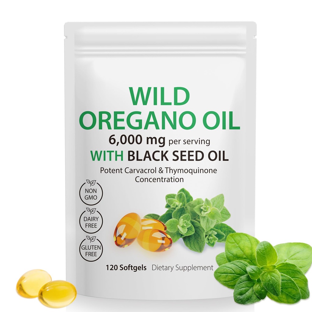 Oregano Softgels,Oregano Oil Capsules Organik,2-in-1 6000 mg Oregano'nun Siyah Tohum Yağı 200 mg, Oregano Yağı ile Siyah Tohum Yağı Yumuşakgels,120 Softgel Capsules