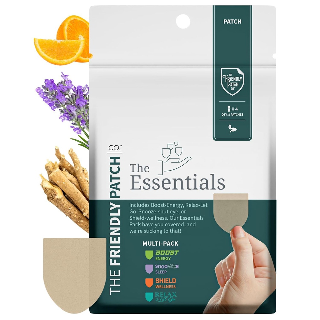 The Friendly Patch Travel Essentials Multi-Pack 8 Patches içerir: Snooze Sleep Patches, Ashwagandha sakin Patches, Boost Energy Patch ve Shield Patches Uyku, Rahatlama ve Enerji için.