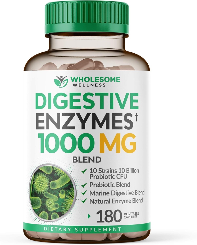 Allsome Wellness Digestive Enzymes 1000MG Plus Prebiyotiks & Probiyotiks Supplement, 180 Capsules, Organik Plant-Based Vegan Formula for Digestion & Lactose with Amyla & Bromelain,3-6 Ay Supply