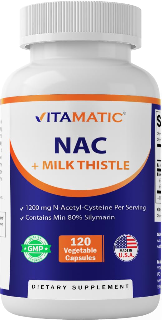 Vitamatic NAC Supplement N-Acetyl-L-Cysteine (NAC) ile Süt Butle 50:1 Ekstraksiyon - Destekler Immune, Respiratory, Liver Health, 1200 per Service, 120 Veg Capsules